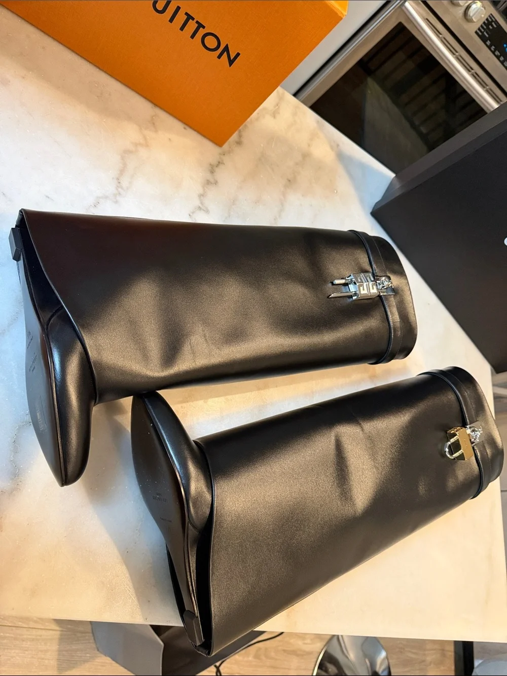 Givenchy SHARK BOOTS Black Leather with Silver Padlock Accent
